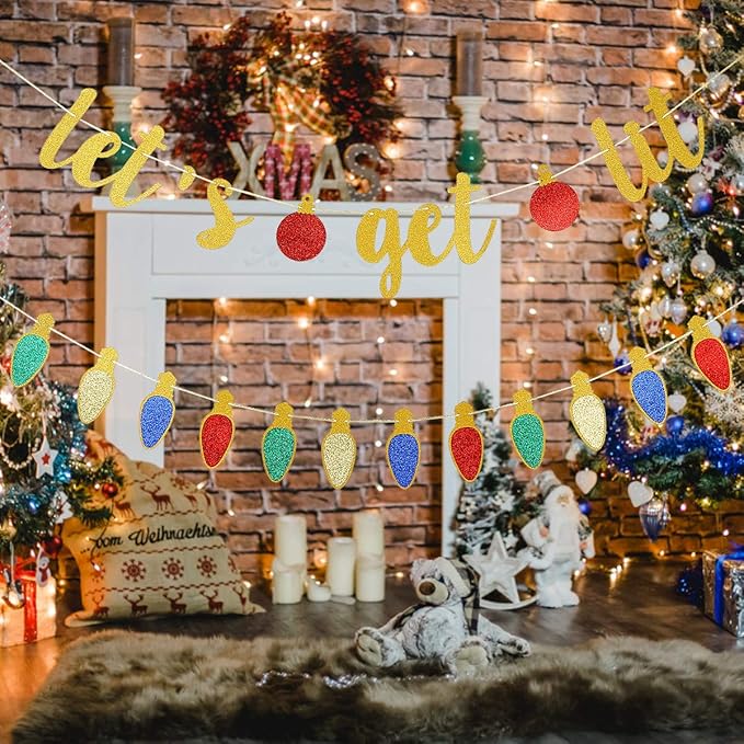 Gold Lets Get Lit Banner Funny Christmas Party Banner, Let's Get Lit Garland Christmas Holiday Banner for Funny Xmas Holiday Party Decorations