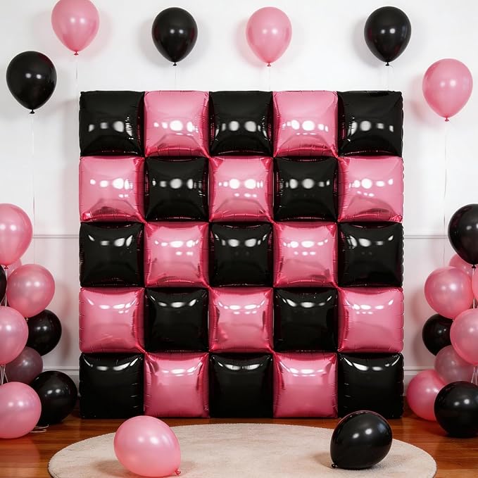 Pink Black Square Foil Balloon Wall,25Pcs Double Sided Foil Balloons Backdrop Helium Polyester Tunnel Arch Garland Kit for Birthday Bridal Anniversary Baby Shower Party Decorations