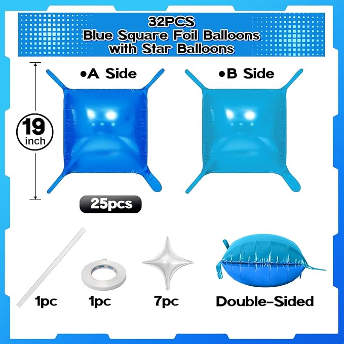 32PCS Navy Blue Light Blue Square Foil Balloons Wall with Silver Star Foil Balloon, Double Sided Metallic Blue Silver Balloon Backdrop Tunnel Arch for Under the Sea Ocean Birthday Graduate Baby Shower