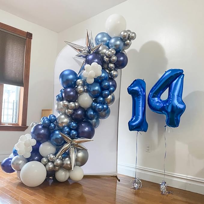 Blue White Silver Balloon Arch Kit, Navy Blue Silver White Balloon Garland with Metallic Dark Blue Light Blue Silver Balloons for Boys Men Birthday Baby Shower Graduation Wedding Party Decorations