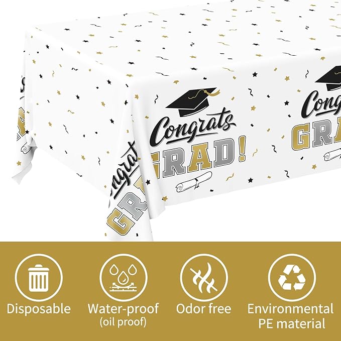 Gatherfun Graduation Decorations, Gongrats Grad Tablecover for Graduation Party Supplies, 3 pcs Class of 2026 Table Cloths, 54"x108" (White and Gold)