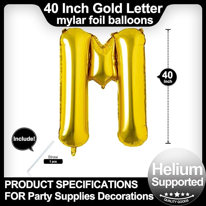 40 Inch Gold Letter M Balloons, DIY Phrase Foil Alphabet Letter M Balloons DIY Word M Banner for Birthday Anniversary Celebration Graduation Party Supplies Decoration