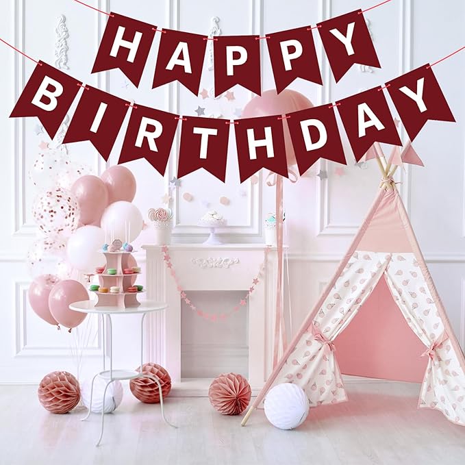 Hooqict Burgundy Happy Birthday Banner Sign for Backdrop Burgundy Birthday Party Decorations for Kids Girls Women Party Banner Wall Porch Door Hanging Garland