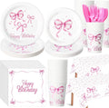 Pickmesh 194 Pcs Pink Bow Birthday Decoration Coquette Birthday Tableware Set Includes Pink Bow Paper Plates Napkins Cups Tablecloth Coquette Party Supplies for Baby Shower Bachelorette Party Decor