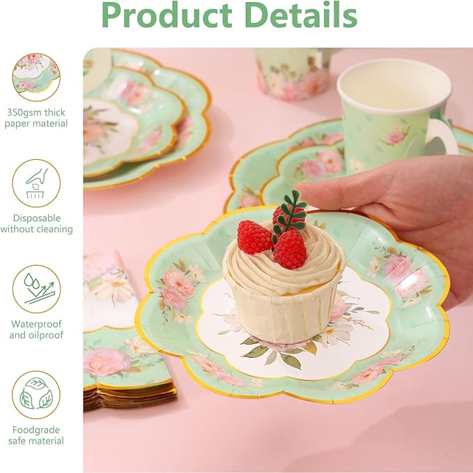 Tea Party Supplies Serves 24, Tea Party Plates and Napkins Sets Include Paper Saucers, Teacups with Handles, Tableware for Girl's Birthday, Tea Party Decoration