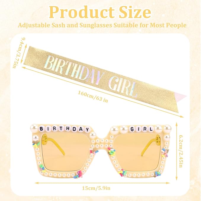 Birthday Girl Sash & Glasses Set, Gold Glitter Birthday Sash for Women Girls, Happy Birthday Decorations Outfits Accessories Party Favors Set for Women Girls