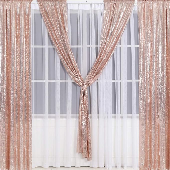 Juya Delight 2ft x 8ft x 2Pcs Rose Gold Sequin Photography Backdrop Curtain for Party Banquet Festival Wedding Anniversary Exhibition