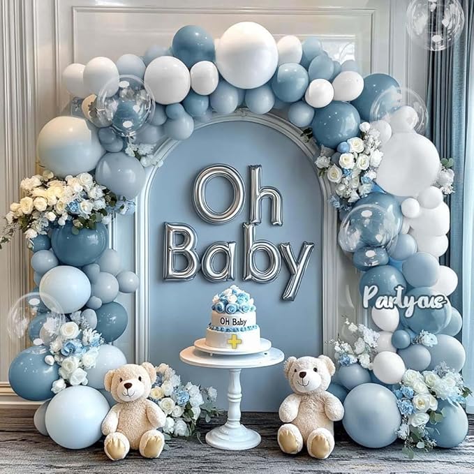 Dusty Blue White Balloon Arch Kit Double Stuffed Pastel Slate Blue White Matte Latex Balloon Garland for Baby Shower Birthday Bridal Wedding Valentines Easter Party