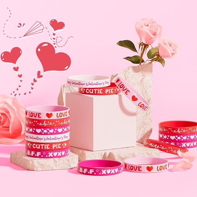 Valentine's Day Rubber Bracelets Bulk - 30PCS Valentines Day Gifts for Kids Valentines Party Favors Supplies Silicone Wristbands Goodie Bag Stuffers Treats Classroom Prizes Accessories Decorations