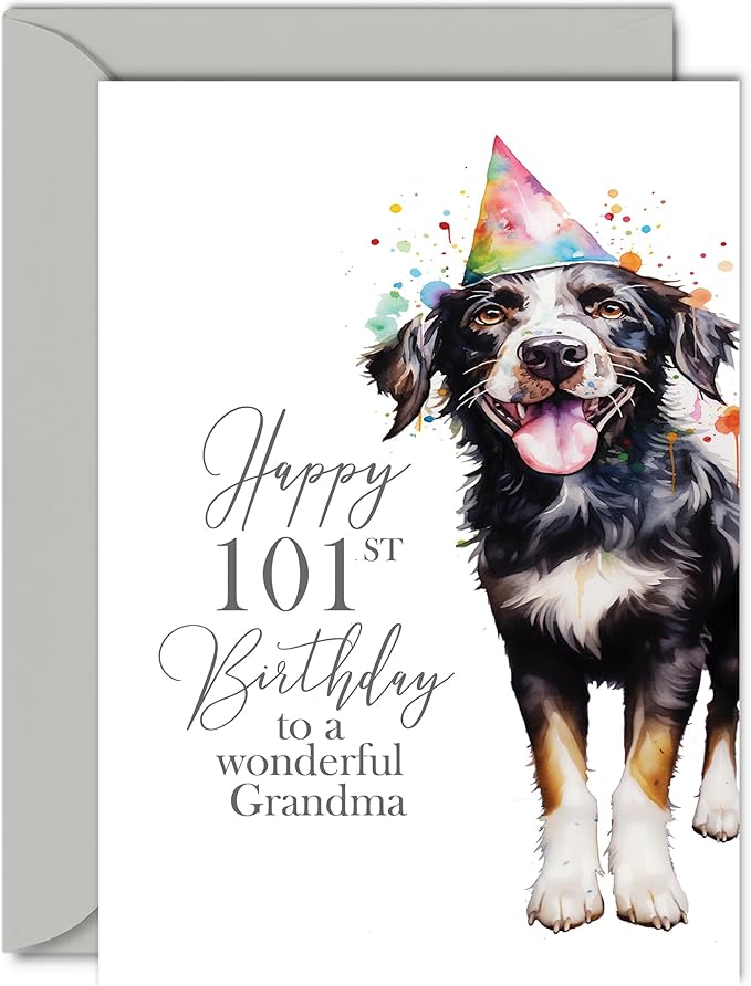 101st Birthday Cards for Grandma - Party Dog - Happy Birthday Card for 101 Year Old Grandma from Grandson Granddaughter, A5 Bday Women Woman Her Greeting Cards Gift for Grandma Birthday Gifts