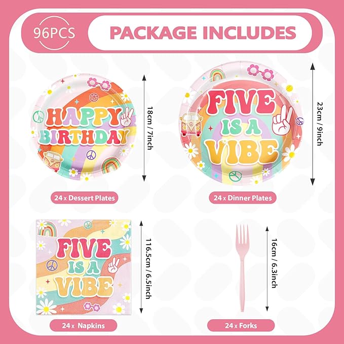 96Pcs Five is a Vibe Birthday Party Decorations Boho Groovy 5th Birthday Plates and Napkins Tableware Sets Rainbow Arch Retro Hippie Party Supplies for Girls 5 Years Old Party Serves 24