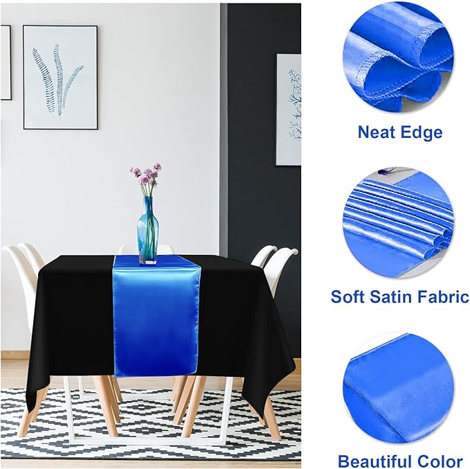 12Pack 12x108 Inch Satin Table Runner and 54x108Inch Plastic Tablecloths Set Black and Blue Disposable Rectangle Table Cover for Graduation Wedding Bridal Shower Anniversary Birthday Party Decorations