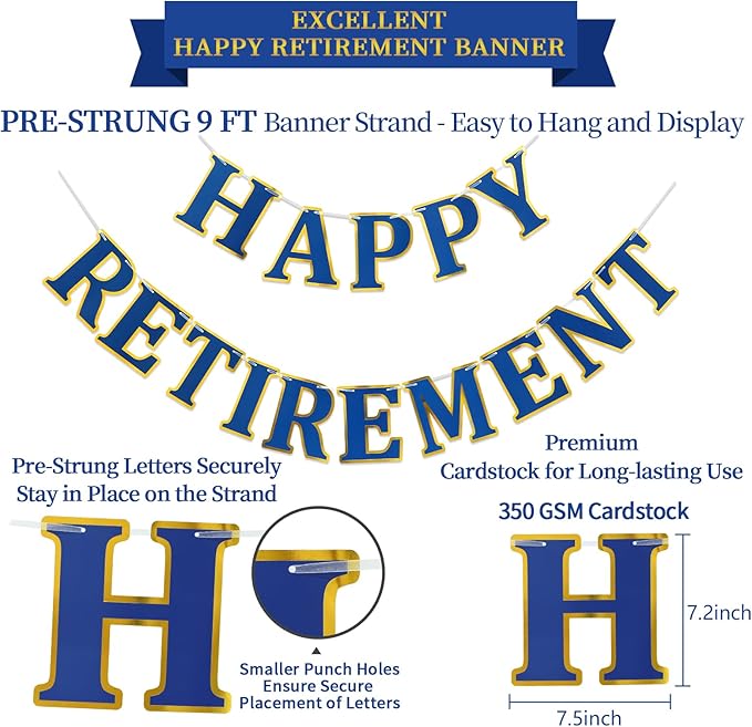 Retirement Party Decorations Kit for Women Men - 16-Piece Elegant Blue Set with Pre-Strung Banner, Honeycomb Balls, Swirls & Garland | Instant Setup Party Decor | Retirement Gifts & Supplies