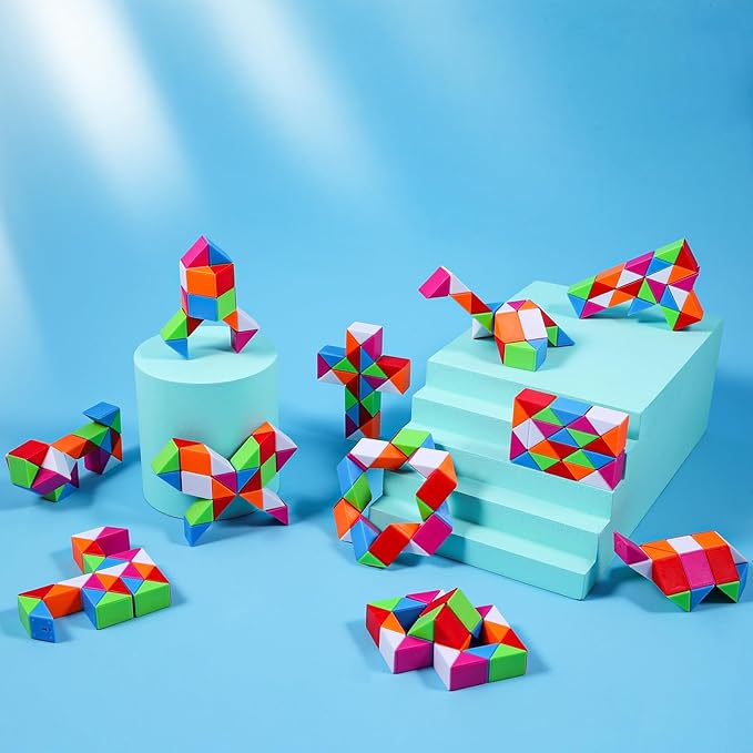 12 Pack Magic Snake Cube Fidget Toys for Kids - 24 Blocks Rainbow Twist Puzzle, Party Favors, Classroom Prizes, Birthday Goodie Bag Fillers, Stress Relief Sensory Toys