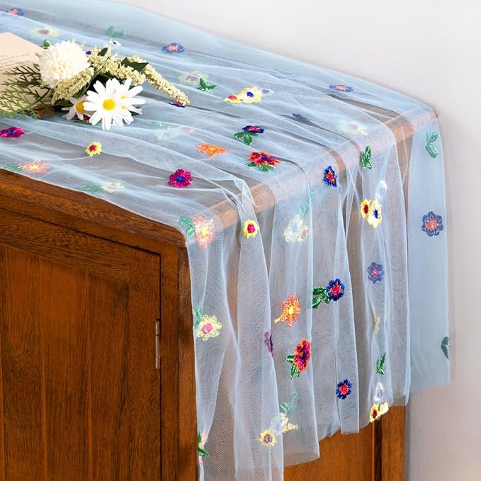 Socomi Embroidery Daisy Spring Easter Floral Wildflower Tulle Gauze CheeseclothTable Runners for Wedding Party Baby Shower Birthday Holiday Picnic Home Decor Blue 3pcs