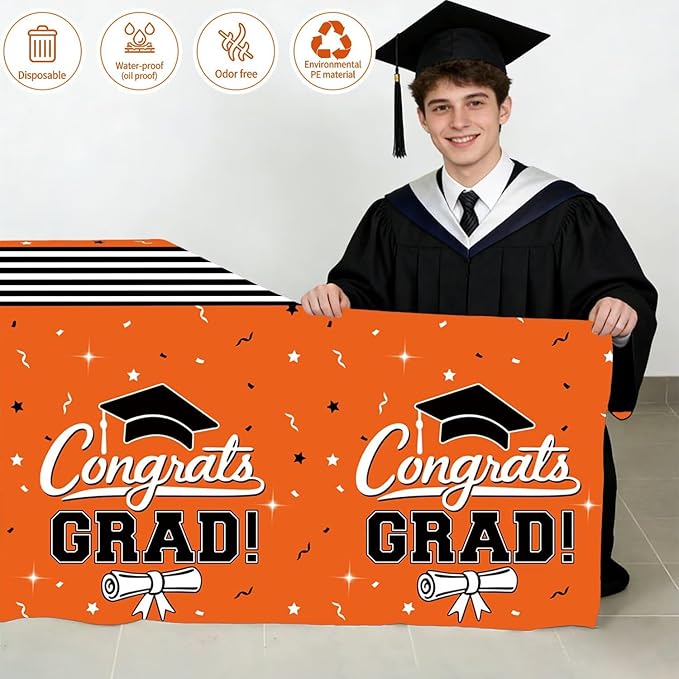 7-Pack Graduation Party Decorations Set, 3 Orange Graduation Tablecloths 54x108in, 2026 and Grad Balloons, 2 Foil Fringe Curtains for High School College Graduation Party Photo Booth