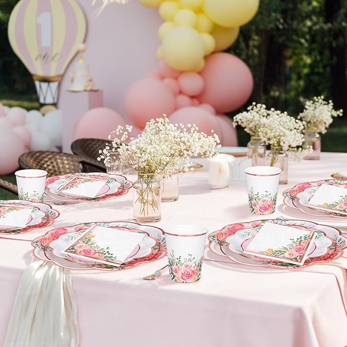 Whaline Floral Tableware Set Pink Flower Rose Gold Foil Disposable Party Supplies Scalloped Plates Paper Napkins Cups for 25 Guests Spring Wedding Bridal Baby Shower Birthday