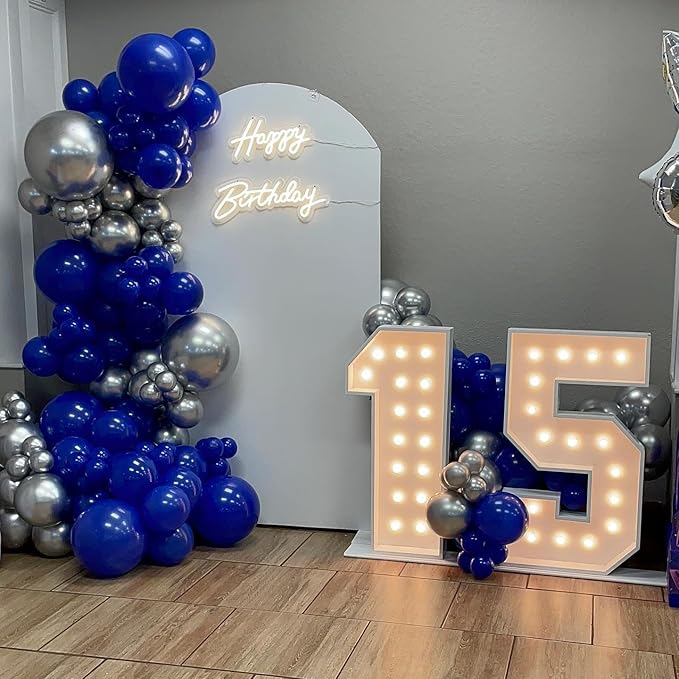 Blue and Silver Balloons Garland Arch Kit with Stars 200Pcs - 5 10 12 18 22 inch Balloon and Confetti Balloons for 2025 Graduation New Year Anniversary Birthday Wedding Prom Party Decorations