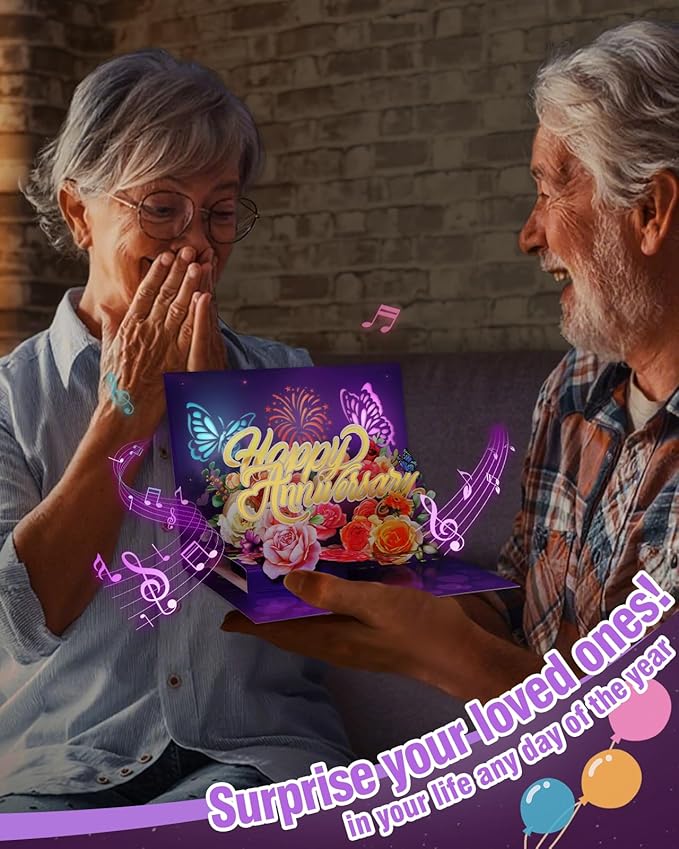 FaCraft Anniversary Card - 3D Pop Up Happy Anniversary Cards for Wife Husband, Music & Light Wedding Anniversary Card for Him Her, with Blank Insert Envelope and Seal (Roses Butterflies Theme)