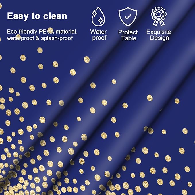 4 Pcs Navy Blue Plastic Tablecloth Gold Dot Blue Table Cloths, 54×108 inches Disposable Gold Dot Confetti Dark Blue Table Cover for Anniversary Friendsgiving Fine Dining Graduation Party Decoration…