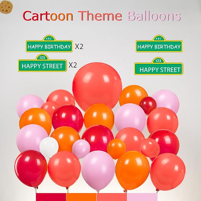 Sesame Friends Birthday Party decorations Cartoon orange red white Balloon Garland Kit With red brick birthday backdrop stickers For kids birthday decorations