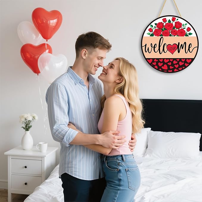 Valentines Day Decorations - Wreath Welcome Sign for Front Door | Rustic Round Wood Wreaths,Heart Rose Garland Outdoor Indoor - Valentines Decor Party Favors Supplies for Door Wall Room Porch Kitchen