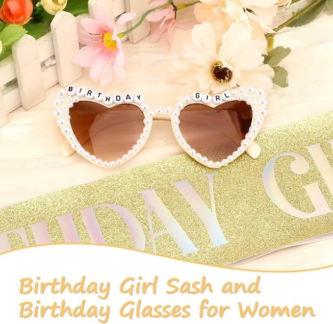 Birthday Sash & Glasses Set, Gold Birthday Sash for Women, Happy Birthday Decorations Outfits Accessories Party Favors Set for Women