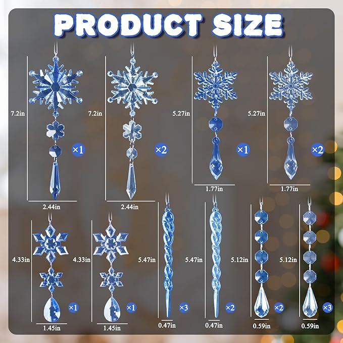 18pcs Crystal Christmas Ornaments for Christmas Tree Decorations-Dark Blue and Light Blue Hanging Acrylic Snowflake and Icicle Ornaments with Drop Pendants for New Year Party Decorations Supplies