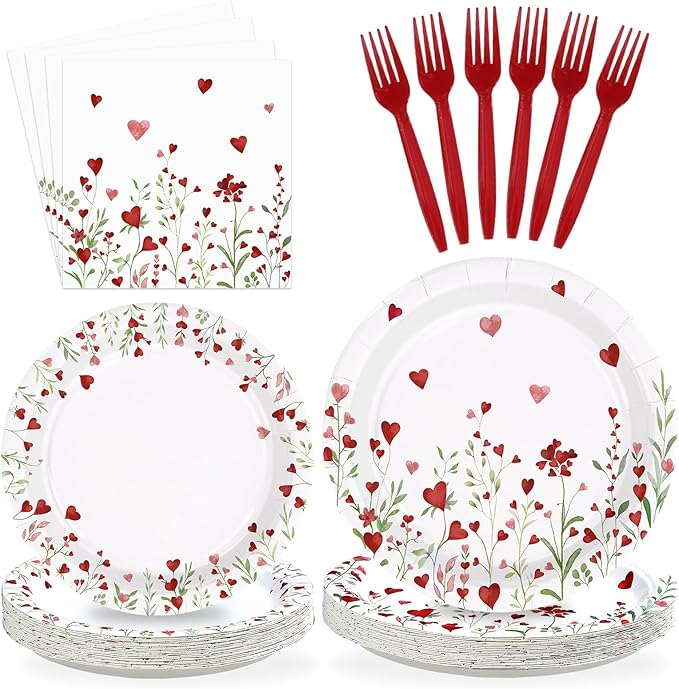 96 Pcs Floral Decorations Disposable Love Heart Flowers Paper Plates and Napkins Watercolor Lovely Flowers Tableware Set for Spring Anniversary Wedding Supplies, Serves 24