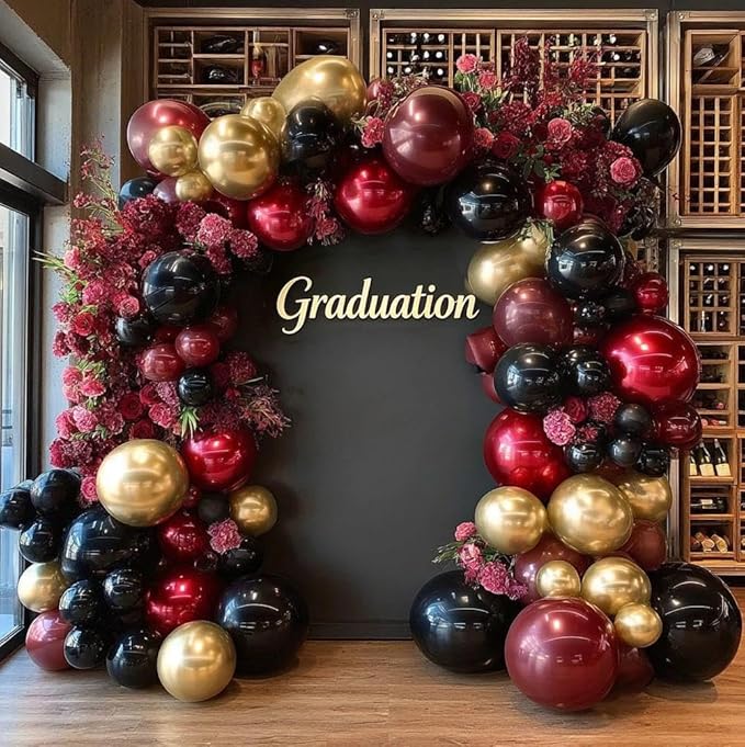Burgundy Black Gold Balloon Garland Double Stuffed Dark Red Gold Maroon Black Balloon Arch Kit for Birthday Graduation Anniversary Prom Party Decoration