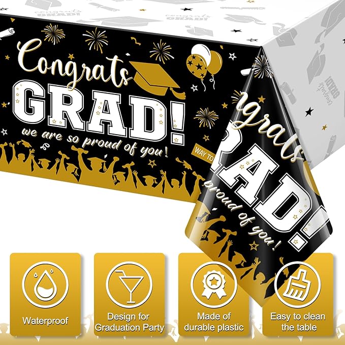 6 Pack Graduation Tablecloth Party Decorations, Class of 2026 Congrats Grad Plastic Tablecover Party Supplies, Black and Gold Rectangle Graduation Table Decor for College High School Party, 54x108Inch