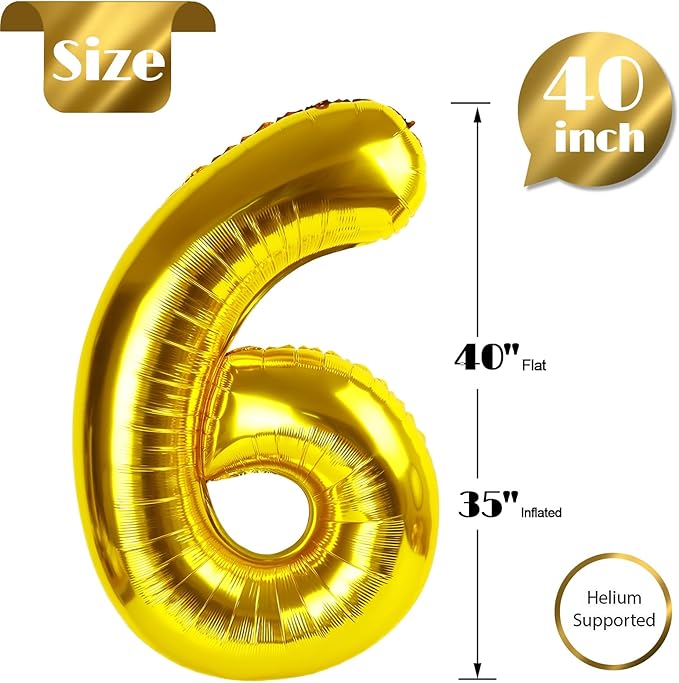 Gold Number 6 Balloon 40 Inch, 6 Balloon Number, 6th Birthday Decorations, Gold Party Supplies for Boys Girls