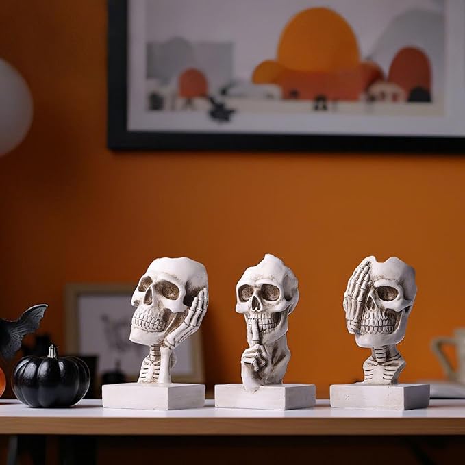 See Hear Speak No Evil Skeleton Figurines Set,Gothic Evil Skull Trio Statue,Vintage Skeletons for Halloween Decorations Indoor,Living Room Fireplace Floating Shelf Coffee Table Centerpiece Decor
