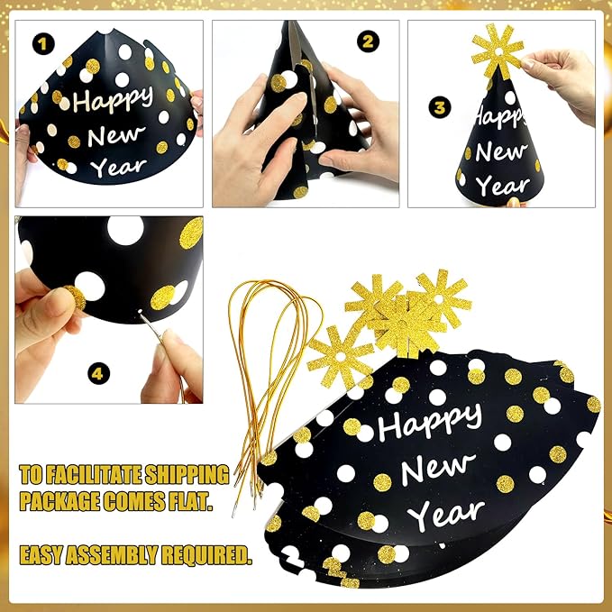MOVINPE 2026 New Years Eve Party Supplies Set Serve 12, Happy New Year Party Cone Hats, Tiaras, Inflatable Fireworks Gun, Photo Booth Props, Squawkers, Blowouts, Eve Party Favors for Kids Adults