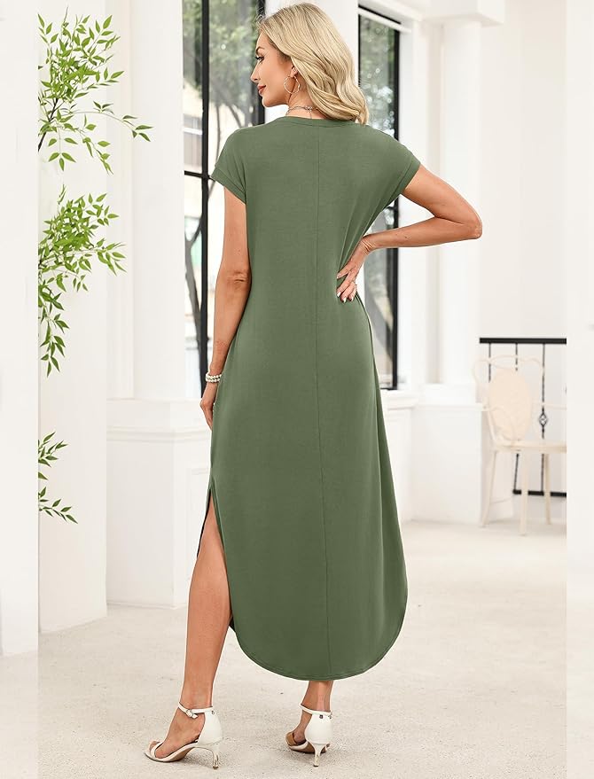 WIHOLL Summer Dresses Cap Sleeve Crewneck Maxi Long Casual Dress with Pockets Beach Vacation Sundresses 2026 Trendy