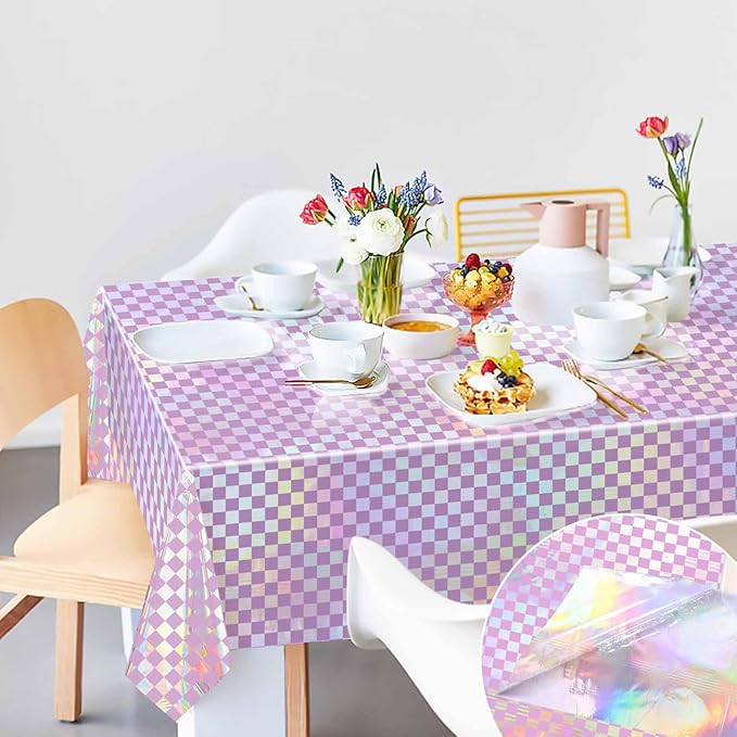 1 Pack Pink and Iridescent Checkered Tablecloth Shiny Disposable Holographic Foil Table Cloth Plastic Laser Rectangle Table Cover for Picnic Birthday Party Race Car Tablecloth