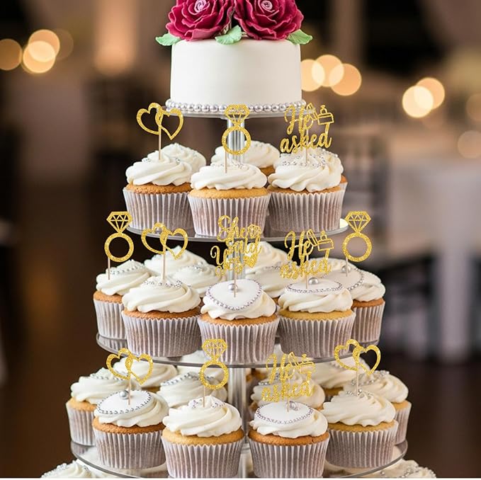 BEISHIDA He Asked She Said Yes Cupcake Toppers, 24 Pcs Engagement Cupcake Toppers Glitter Diamond Ring Heart Cupcake Picks for Wedding Engagement Bridal Shower Party Cake Decorations(Gold)