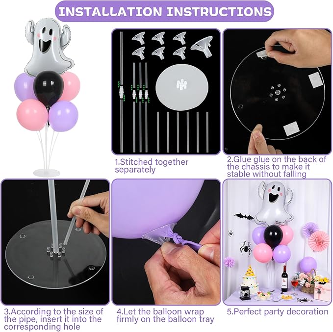 Halloween Ghost Party Balloons Stand Kit 2 Sets with 2 White Ghost Foil Balloons Pink Black and Purple Balloon Centerpiece for Tables for Baby Shower Horror Birthday Party Decorations