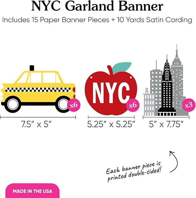 Big Dot of Happiness NYC Cityscape Garland Banner, New York City Party Decorations Banner, 30 Feet of Cord, 15 Double-Sided Big Apple, Taxi, Skyscraper