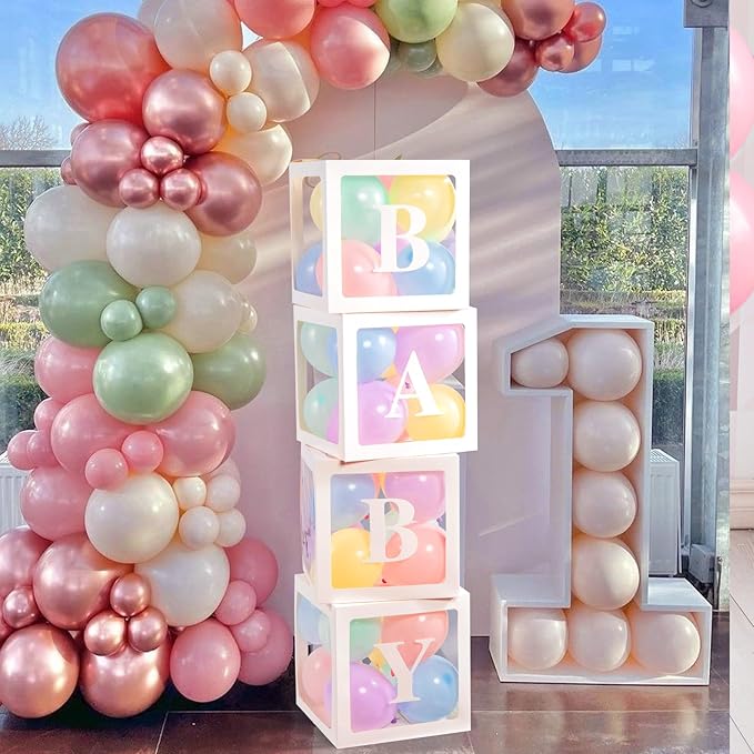 Baby Boxes with Letters for Baby Shower, 4 Transparent Balloon Boxes with Letters for Gender Reveal Birthday Wedding Baby Shower Decorations(Pastel Balloons)