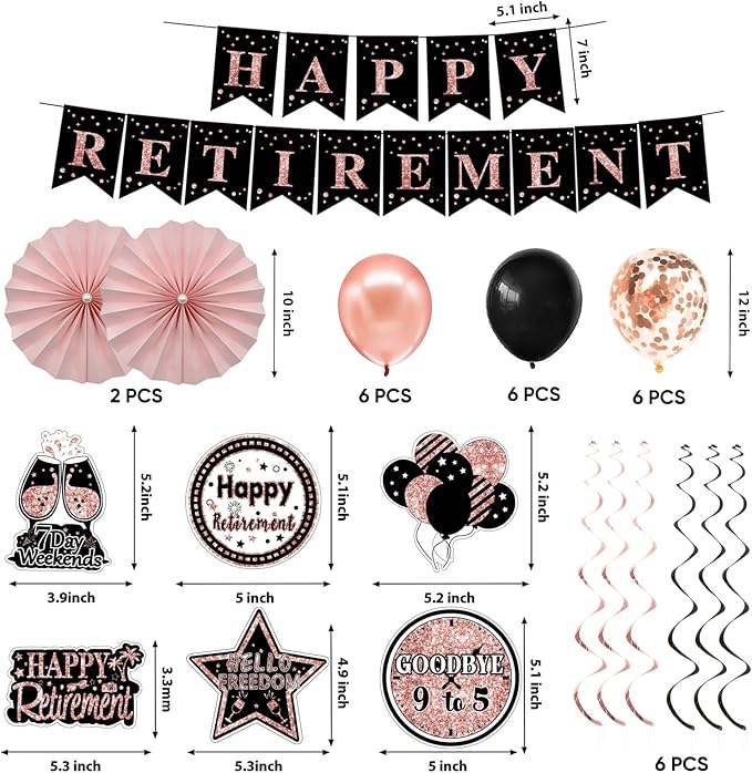 Retirement Party Decorations for Women Rose Gold Retirement Crown and Sash Happy Retirement Banner Backdrop Balloons Paper Fans Hanging Swirl Set