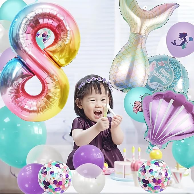 Mermaid Birthday Decorations Mermaid Balloons - Number 8 Balloons for Girls Under The Sea Mermaid Theme Baby Shower Birthday Favors