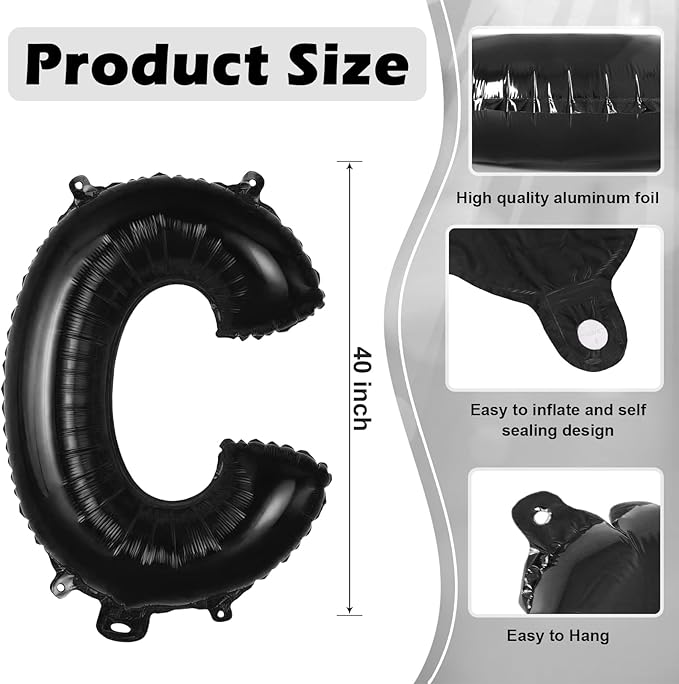Black Letter C Balloons, 40 Inch Large Foil Letter Balloons, Custom Phrase Balloon for Birthday Party Wedding Anniversary Decoration (Black C)
