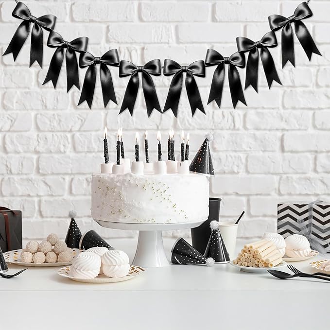 2 Strings of 16PCS Black Bow Garlands Banner Decoration,Pre-Strung Satin Ribbon Ornaments for Birthday,Bachelorette Party,Bridal Shower,Wedding,Engagement,Baby Shower, Graduation Decor,Anniversary