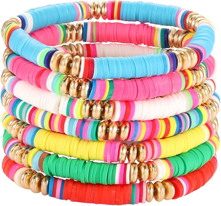 Surfer Heishi Bracelets for Women Stackable Rainbow Vinyl Disc Clay Beaded Stretch Bracelets Elastic Layering Friendship Bracelets Boho Summer Beach Jewelry