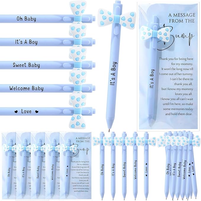 50 Set Baby Shower Party Gift Pen Favors for Guests Include 50 Pink Blue Bow Ballpoint Pens 50 Baby Shower Thank You Cards with Opp Bags for Gender Reveal Party Prizes Souvenirs(Boy)