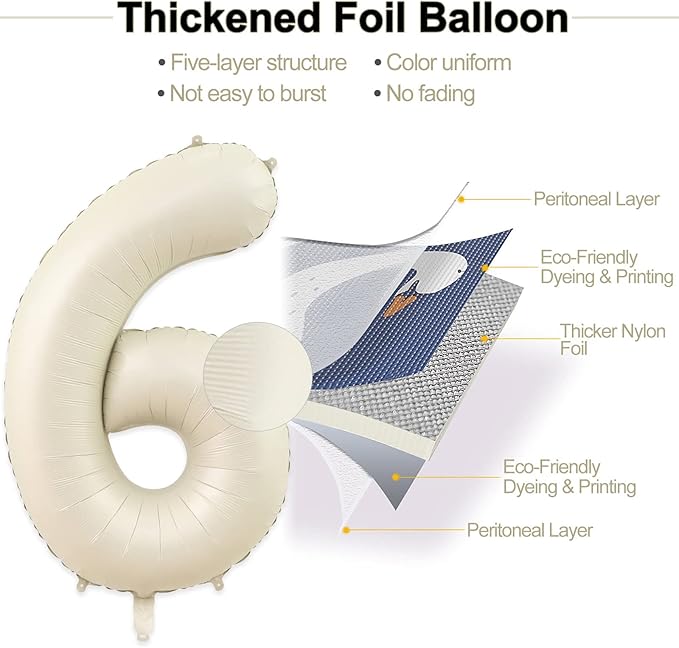 Number 6 Balloon, 6 Balloon, Number Balloons 40 Inch, Sand White Large Big Foil Number Balloons for Birthday Party Graduation Wedding Anniversary Baby Shower Bachelorette Decoration Supplies