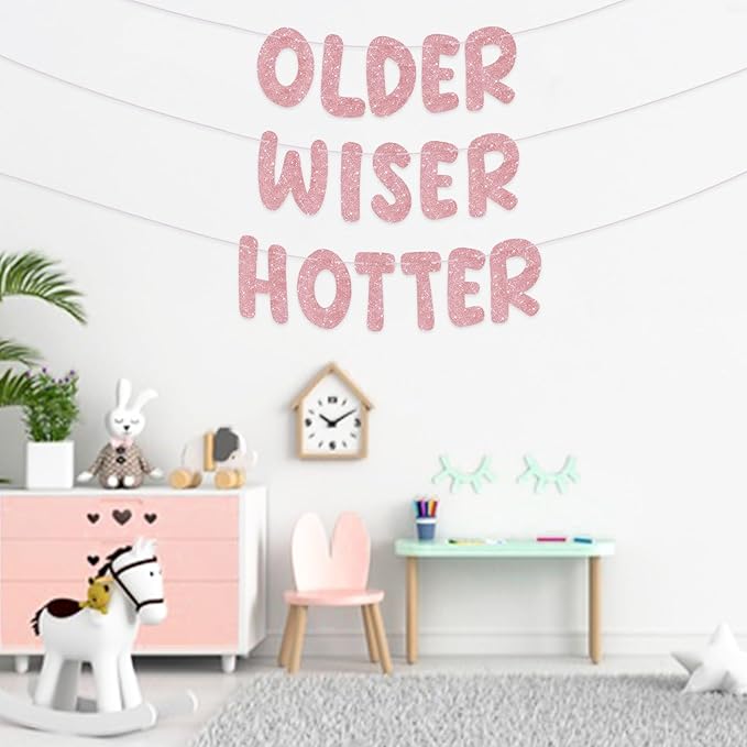 Pre-Strung Happy Birthday Banner Birthday Sign NO DIY Glitter Older Wiser Hotter Banner for Women Men 30th 40th 50th 60th 70th 80th Funny Birthday Decorations (Rose Gold)