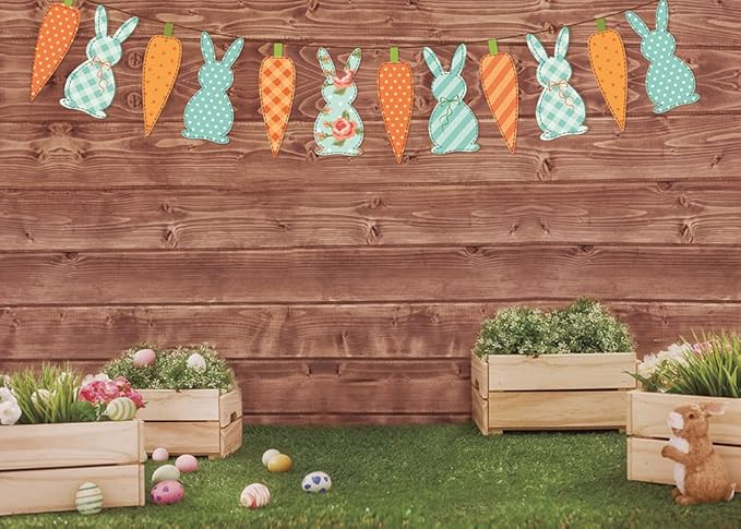 Happy Easter Backdrop Spring Rabbit Carrot Green Grass Eggs Baby Shower Backdrop Brown Wooden Wall Easter Party Decoration (7x5ft)