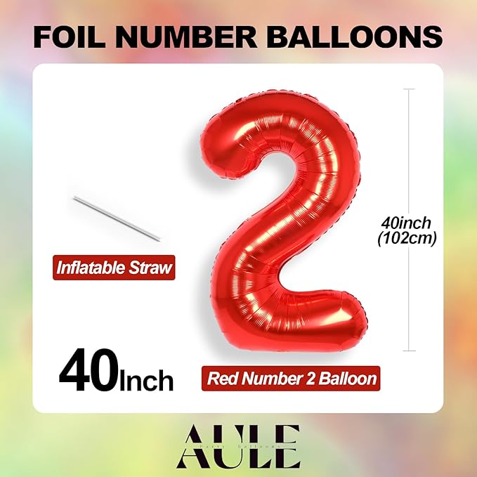 AULE 40 Inch Big Red 2 Balloon Number Large Foil Helium Number Balloons 0-9 Jumbo Giant Happy 2nd Birthday Party Decorations for Boy or Girl Huge Mylar Anniversary Party Supplies